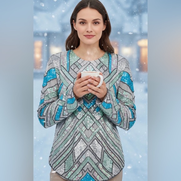 ASOS Sequin Geometric Pattern Top size 12 - Picture 2 of 6